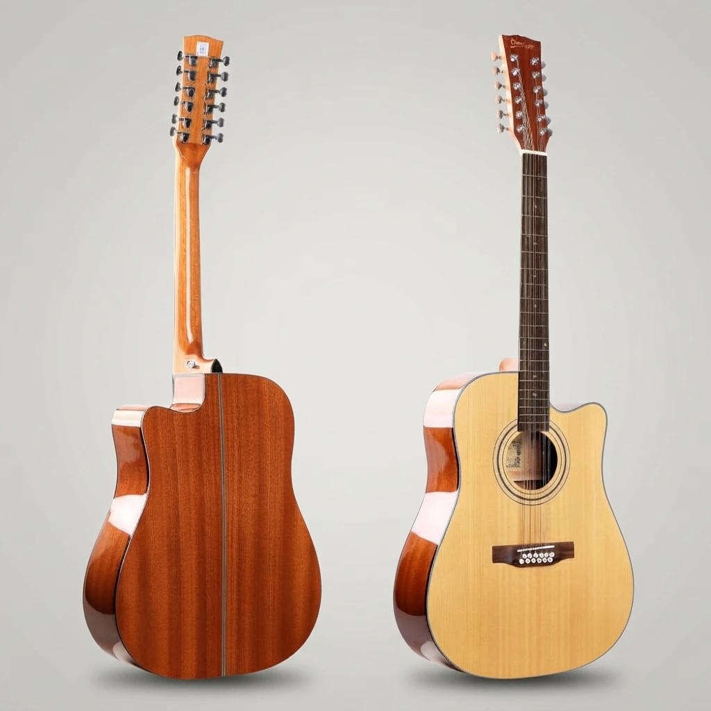 Acoustic Guitar 12 Strings Cutaway Spruce Top Natural Gloss Finish Full Size Beginner Adult Musical Instrument Folk Guitar
