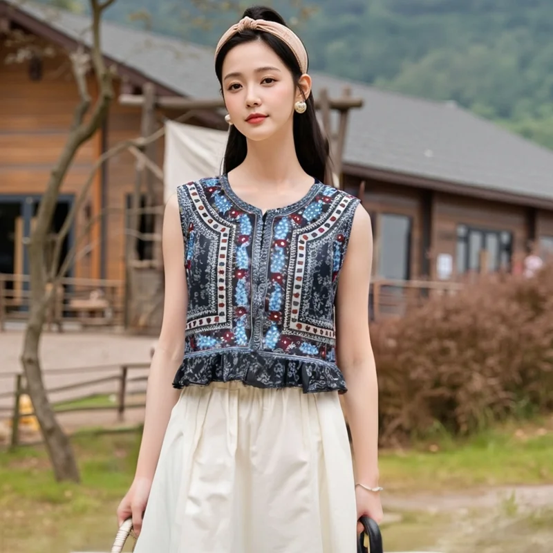 KEYANKETIAN 2025 New Women's Holiday wind Embroidery Waistcoat Crop Vest Agaric Tiered Thin Sleeveless O-Neck Top Coat Outerwear