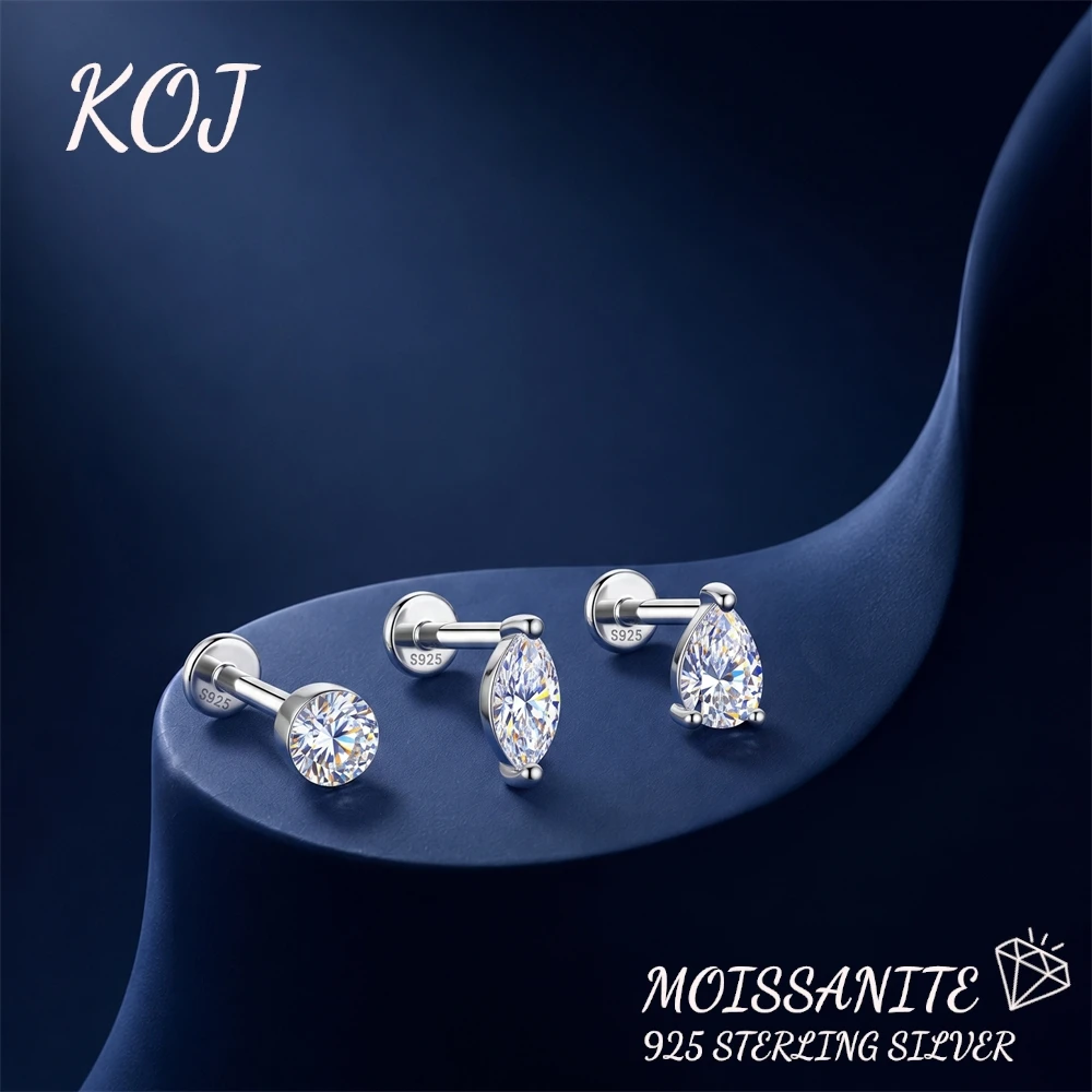 KOJ 1PC S925 Silver Moissanite Piercing Earring Round Water‑Drop Oval Marquise Classic Fashion Hypoallergenic For Women Gift