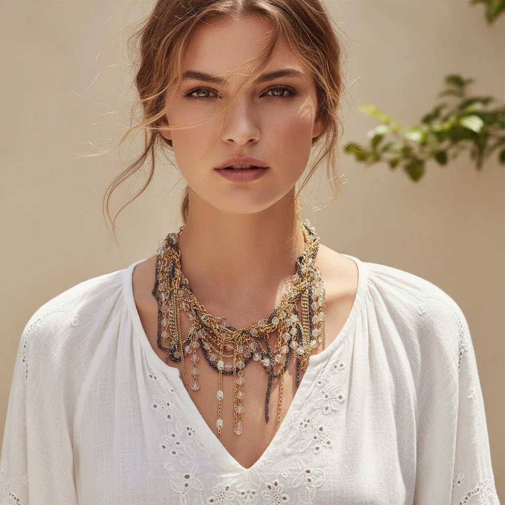 

ZAA Vintage Bohemia Crystal Tassel Necklaces for Women Multi-Layer Metal Chains Choker Wedding Party Jewelry Gifts