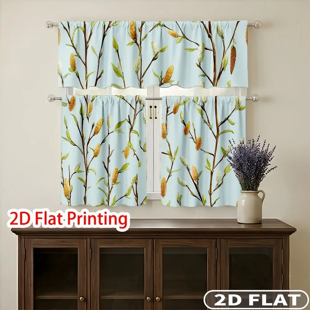 

3pcs Nature Branch Pattern Curtains Rod Pocket Valance Curtain Tier Machines Washable, Ideal For Bedroom Kitchen Home Decor