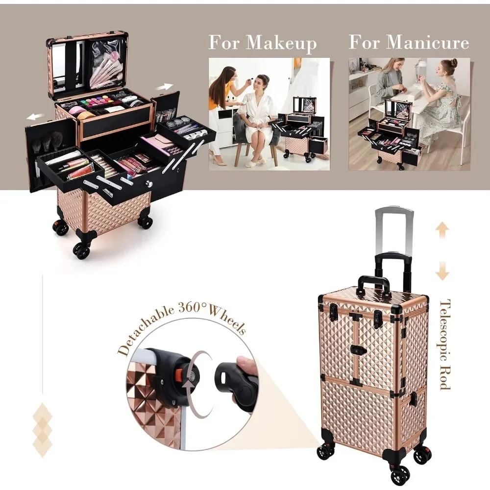 Professional Makeup Artist Rolling Train Case Multi-functional Cosmetic Train Case Large Trolley Storage Case for Nail