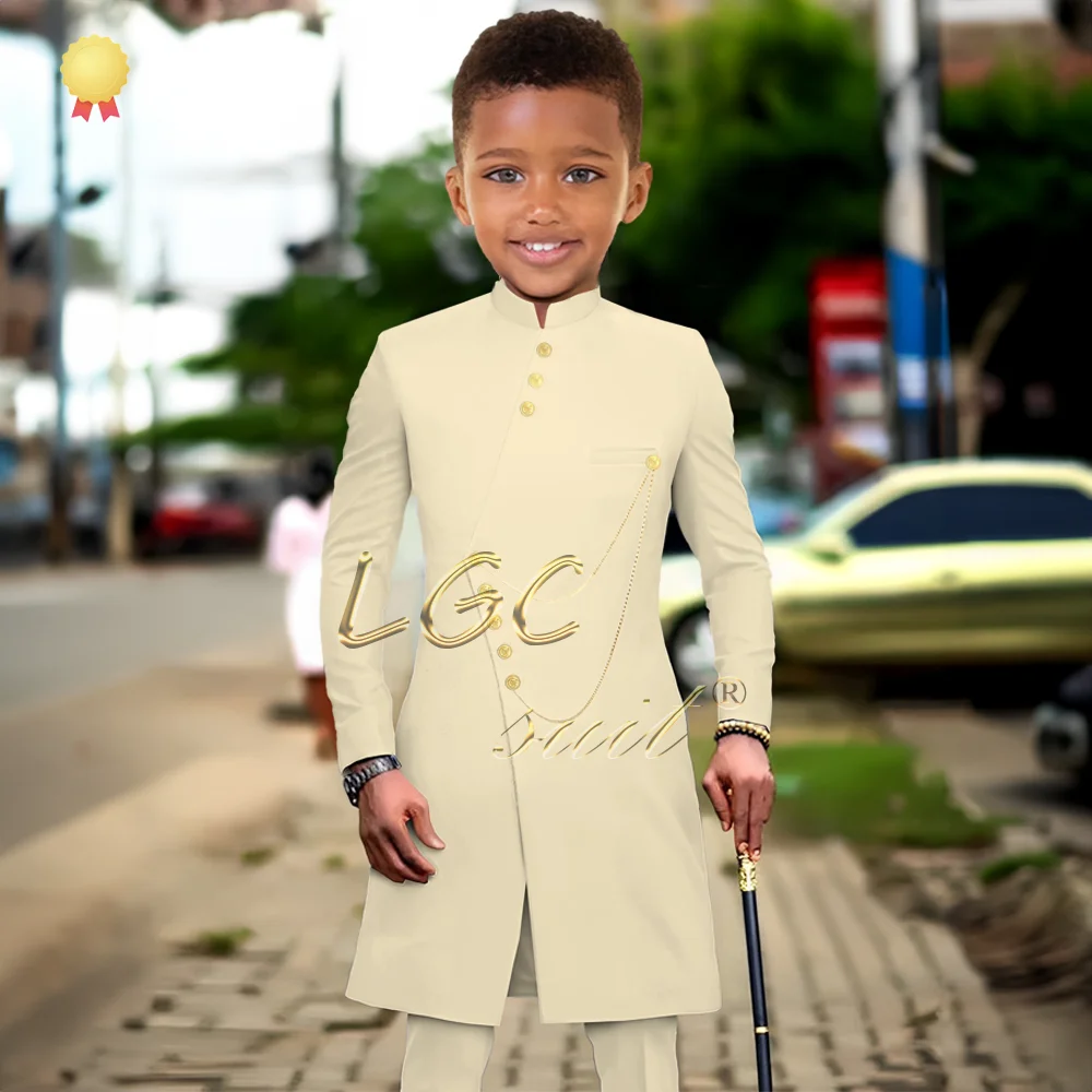 Boys' beige single-breasted stand-collar trousers suit, customized formal casual wear for children aged 3 to 16 years old