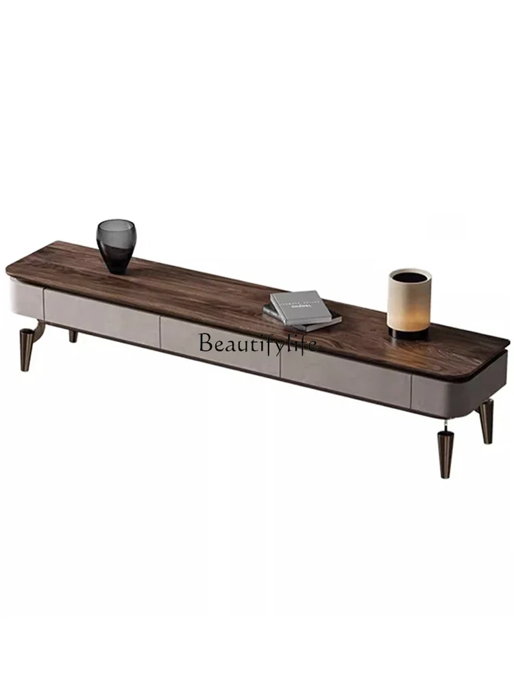 

LItalian minimalist solid wood TV cabinet light luxury natural marble walnut floor cabinet