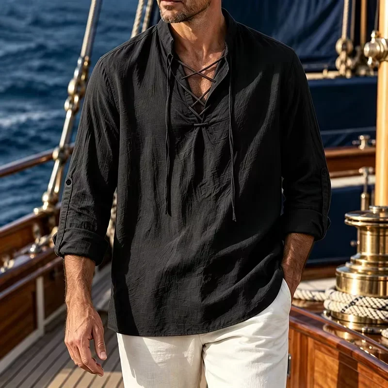 Men Cotton Shirt Chest Lace Up Rollable Sleeve Vintage Medieval Pirate Renaissance Viking Casual Top