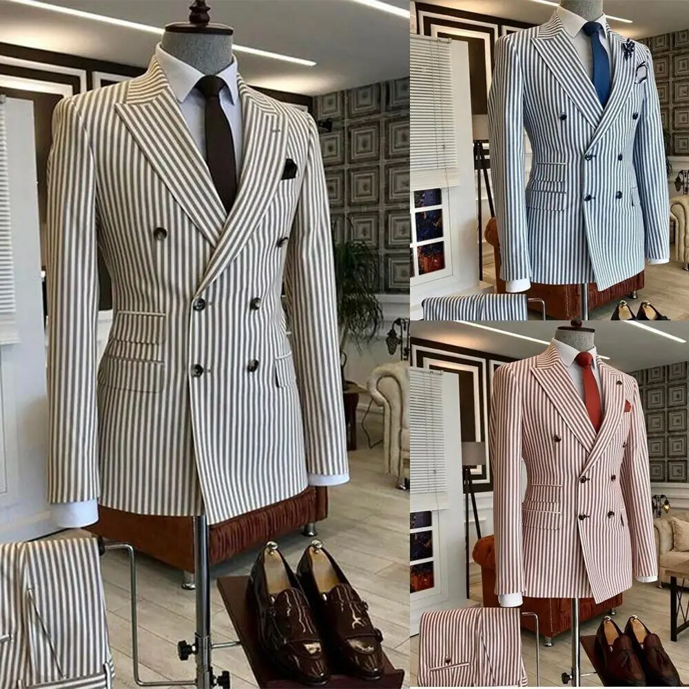 Classic Men Suits Tuxedo Stripe Peaked Lapel Double Breasted Custom Made 2 Pieces Blazer Pants Tailored Handsome Foraml Casual