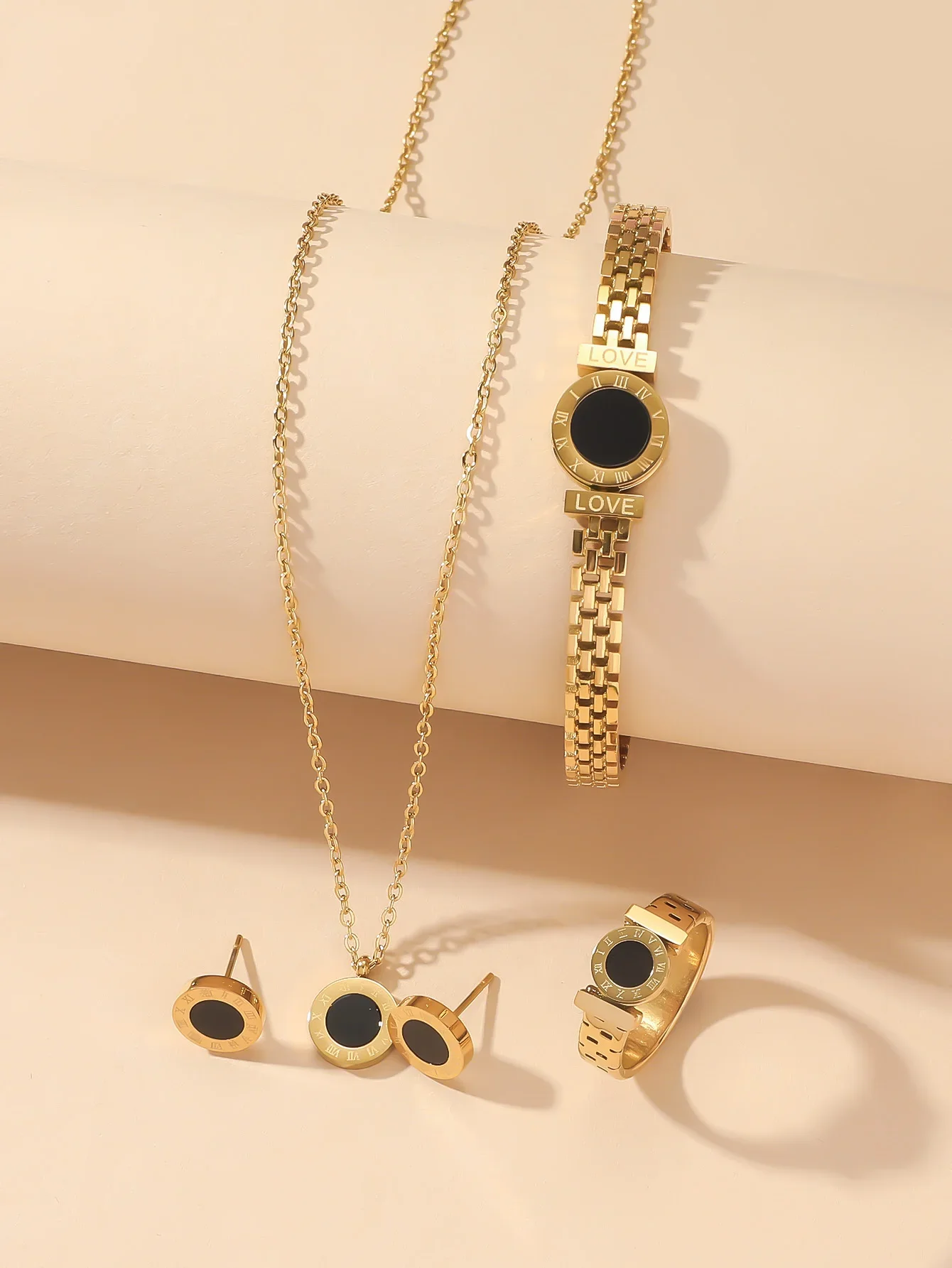 Niche design Roman digital necklace bracelet set female titanium steel ring studs simple