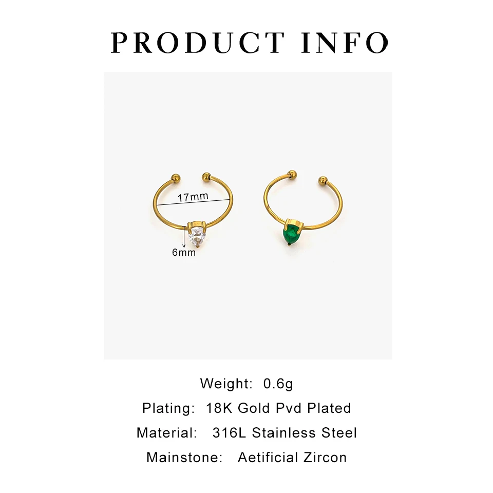 Peri\'sbox 2pcs Stainless Steel White and Green Water-drop Zircon Opening Thin Rings for Women Adjustable Trendy Wedding Jewelry