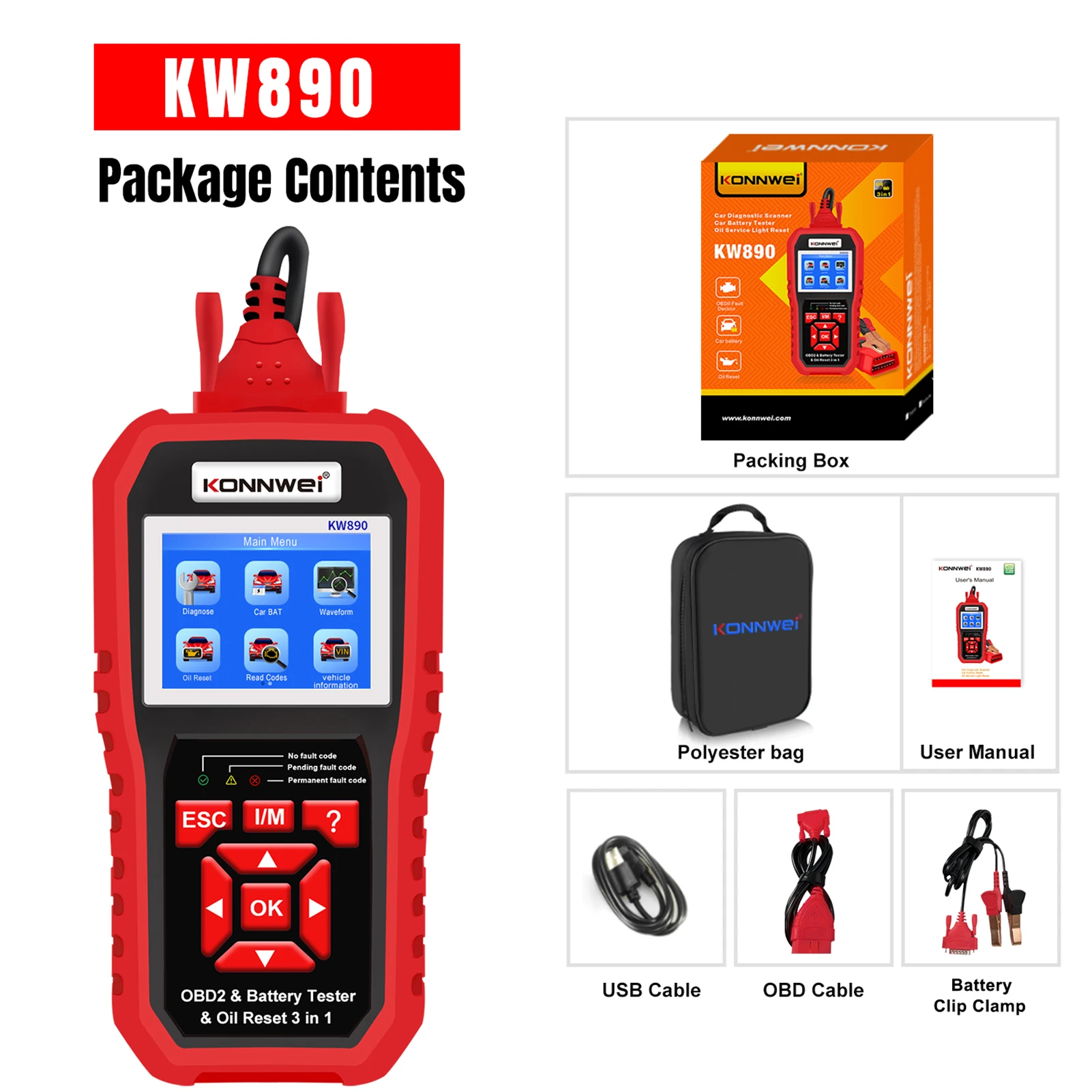 

KONNWEI KW890 OBDII Scanner Auto Code Reader Car Scanner+Battery Tester+Special Oil Reset Function Scan Tool for 1996 Original