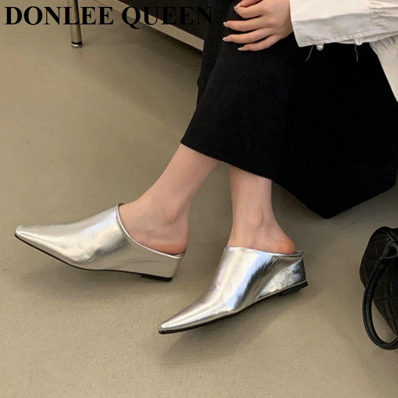 Women Fashion Close Toe Mule Slippers Female Square Toe Casual Shoes Lazy Wedges Heels Sandals Slides Comfort Vintage Footwear - view 3