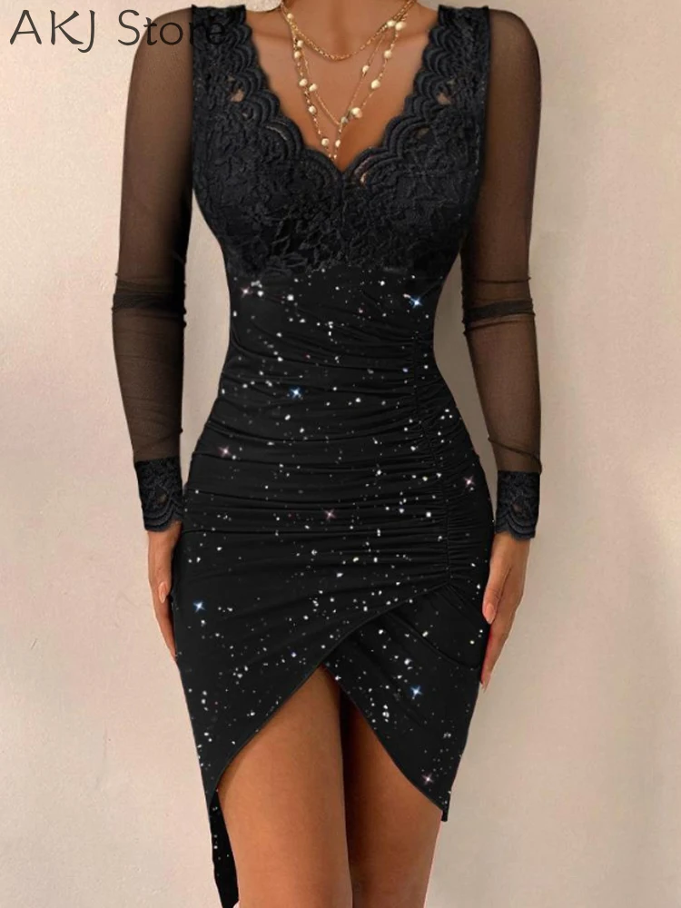 Abito aderente da donna con scollo a V in pizzo a maniche lunghe con volant glitterato