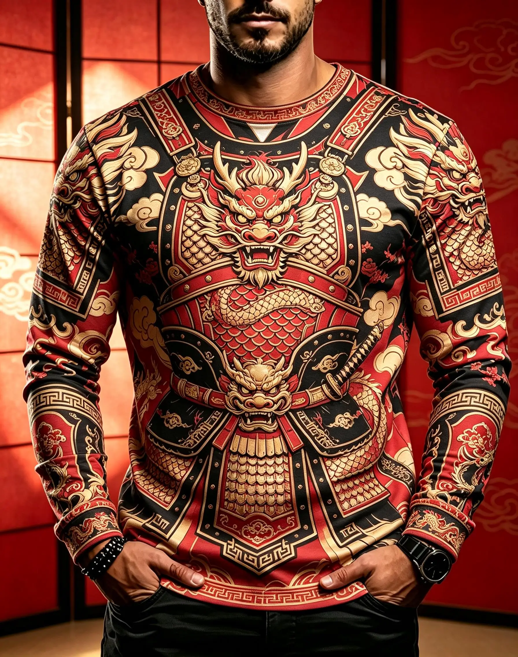 Traditional Cloud Dragon Armor Print Men Long Sleeve T-shirt, Oriental Ancient Style Daily Casual Wear Top
