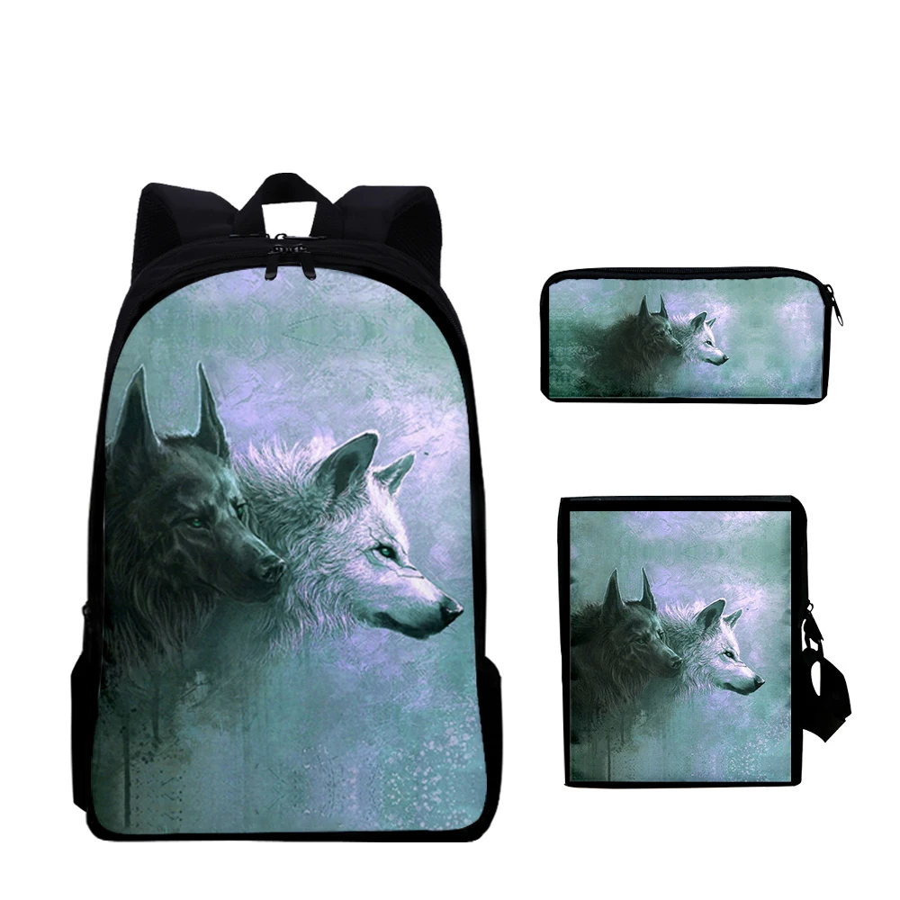 Wolf Moonlight tas sekolah 3 Set, tas punggung ringan untuk remaja laki-laki perempuan, tas sekolah kasual, tas tempat pensil makan siang