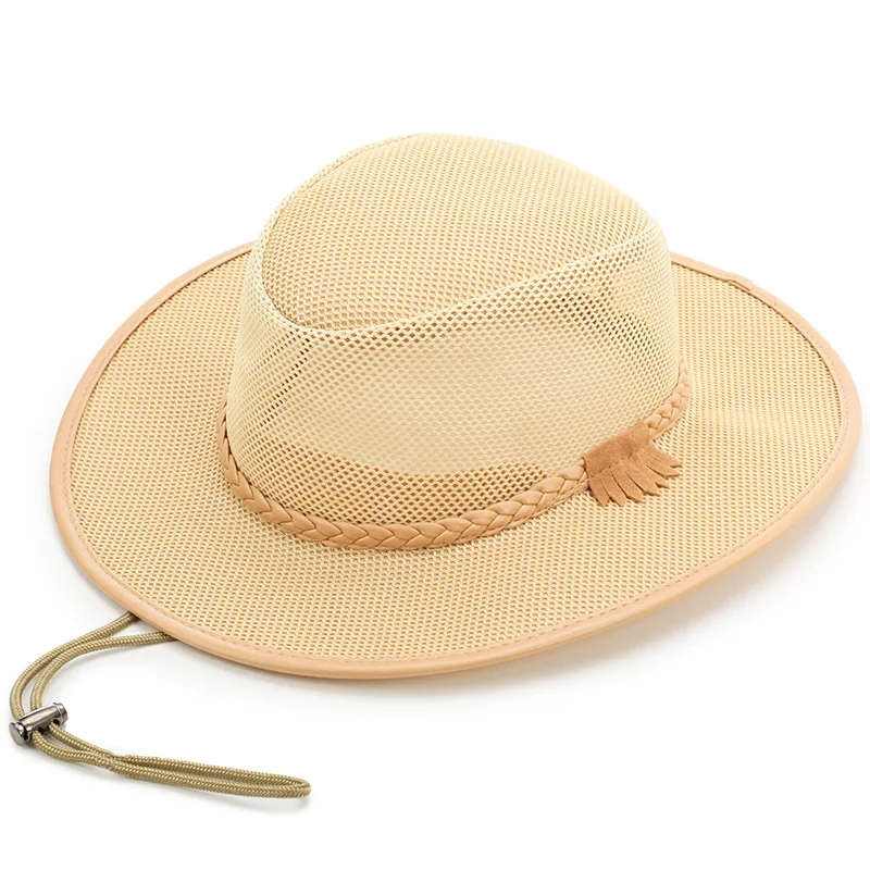 Hollow Out Breathable Shade Adjustment Rope Straw Cap Solid Color Sun Protection Summer Men Beach Hat Jazz Hat