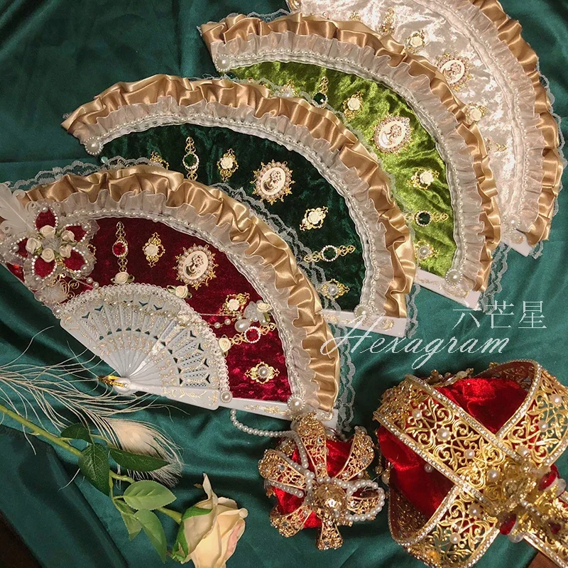 منقطع النظير كليوباترا السداسية الأصلية لوليتا اليدوية المخصصة الروكوكو خمر سيدة معقدة العتيقة مروحة