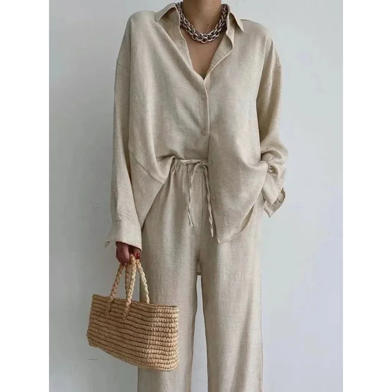 

Summer Fashion New Matching Collection Women's Loose Single Breasted Top High Waist Wide Leg Pants Cotton Linen Two Piece Set