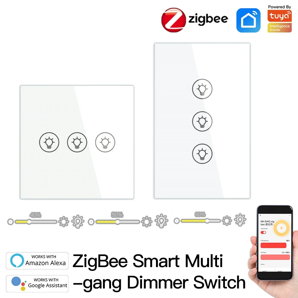 

Smart ZigBee Multi-gang Light Dimmer Switch Adjust Control Smart Life Tuya APP Control Works with Alexa Google Home 1/2/3 Gang