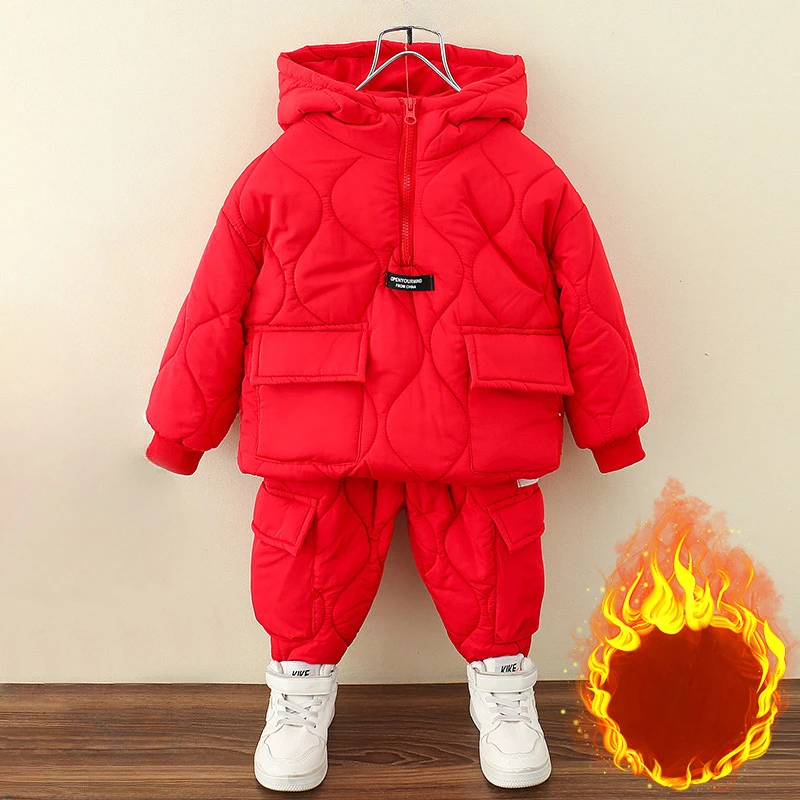 Boys Winter Set Fleece Thicken Warm Hooded Padded Jacket Trousers Two-piece  2 To 13 Years School Kids Outfits Toddler Clothing