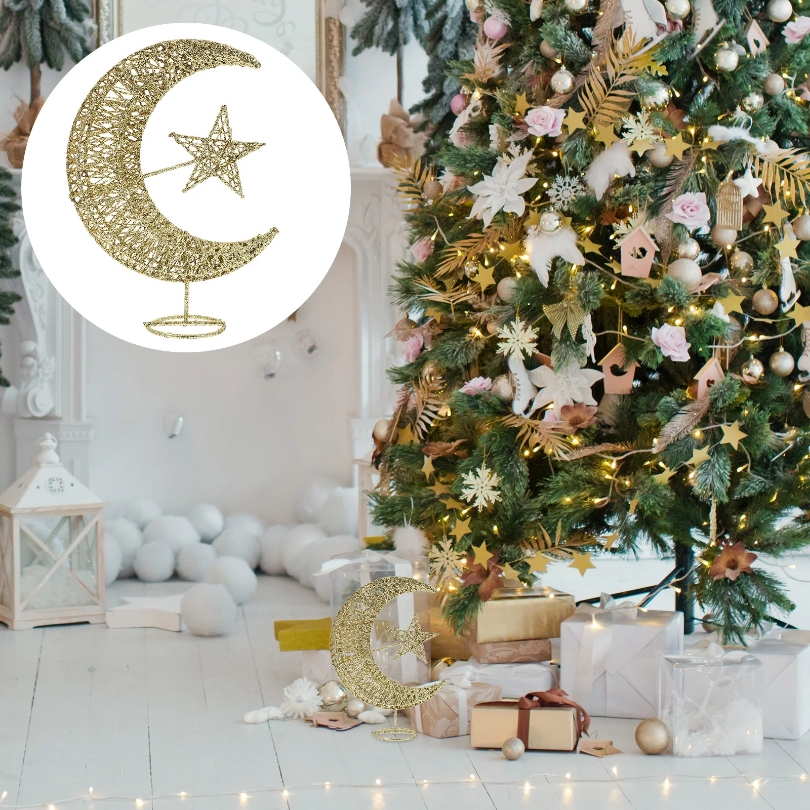 

Silver 20cm Christmas Tree Topper Wrought Iron Glittering Star Moon Christmas Ornaments Star Home Decoration