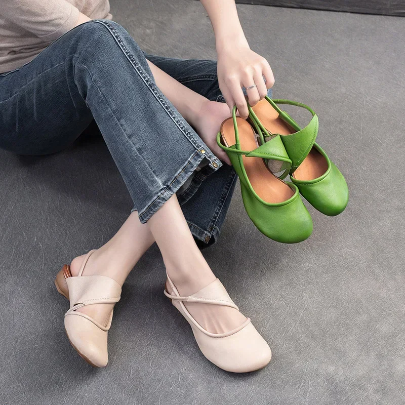 Phoentin Woman Round Toe Soft Sandlas 2024 Summer Genuine Leather 3cm Mid Heels Shoes Retro Slingbacks Pumps FT3821