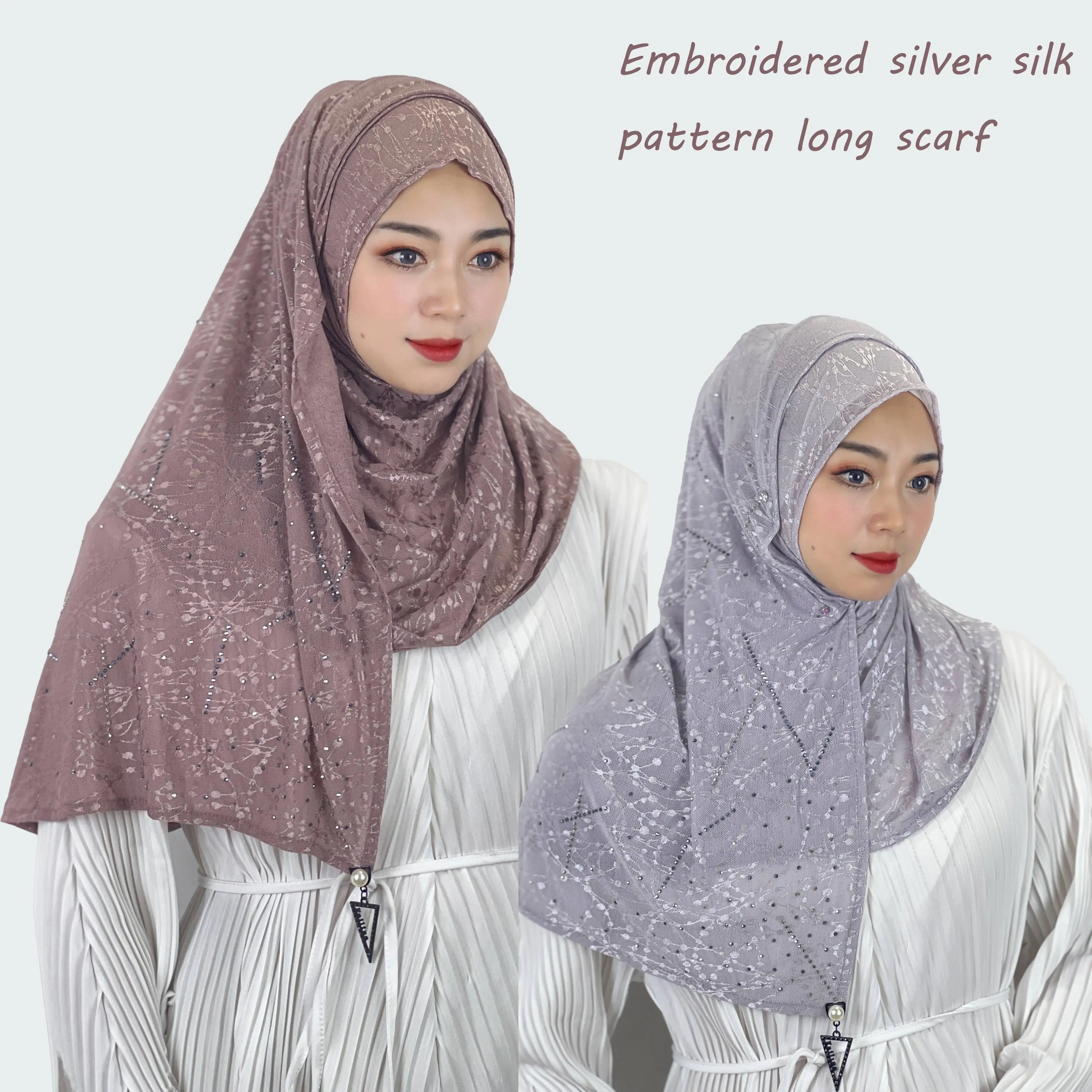 Women\'s Chiffon Veil  Hot Diamond Monochrome Embroidery Silver Silk Pattern  Long Scarf Muslim Pullover Scarf Temperament