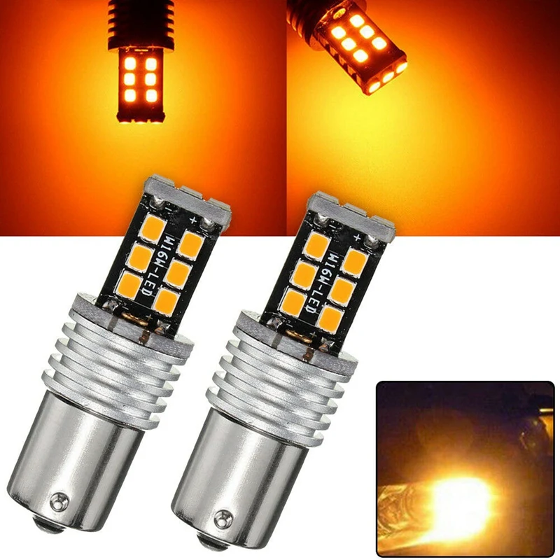 2X Amber/Yellow 1156 Ba15s 2835 15W Error Free Car LED Turn Signal Light Bulbs