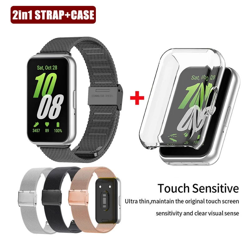 2in1 Transparent Case+Strap Stainless Steel Band TPU Cover For Samsung Galaxy Fit 3 Fit3 SM-R390 Wrist Bracelet