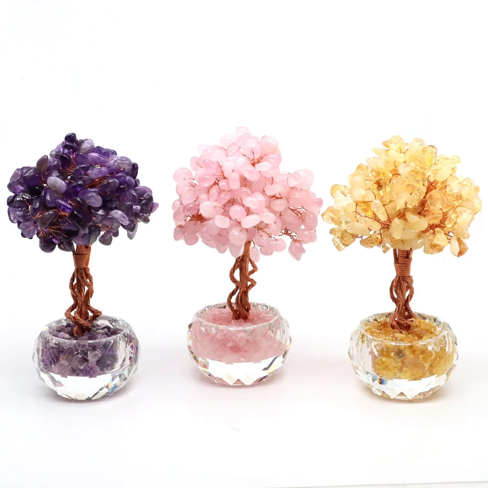 140mm Natural Gemstone Crystal Fortune Tree Ornament Feng Shui Money Trees With Gravel Stones for Office Home Lucky Decoration