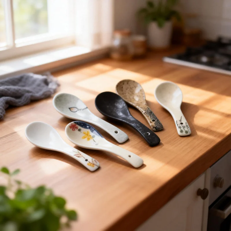6pcs Japanese Style Ceramic Soup Spoons | Six Different Patterns, Underglaze Design, Microwave and Oven Safe