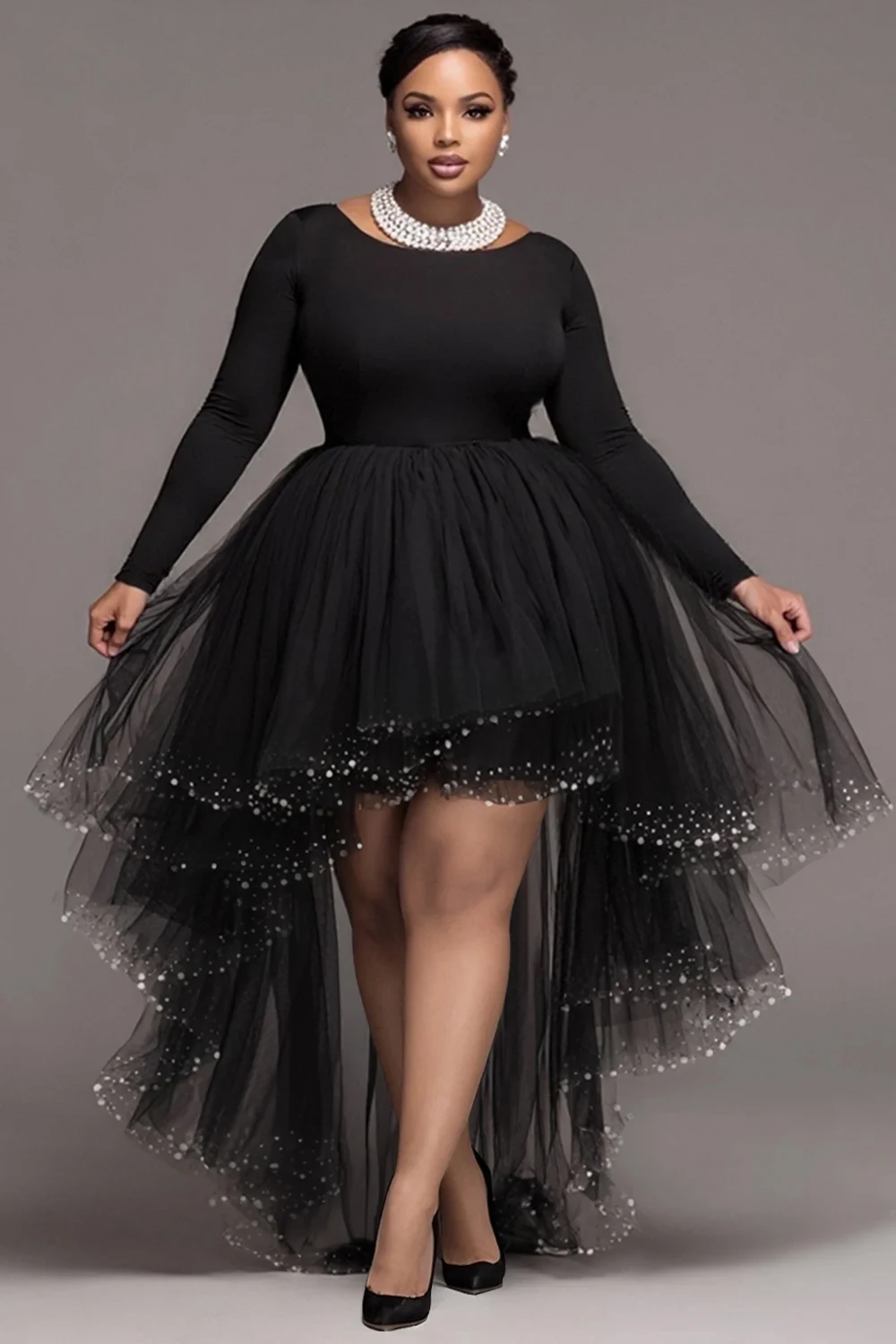 

Plus Size Party Black Round Neck Long Sleeve High Low Hem Elegant Ruffle Tulle Mini Dresses