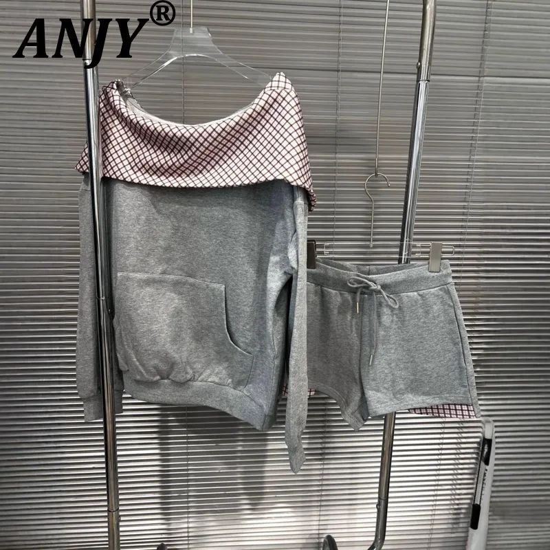 ANJY Spring Autumn New Women Fashion Lazy Style Off-Shoulder Plaid Patchwork Tide Hooded Sweatshirt Casual Elastic Shorts A17598