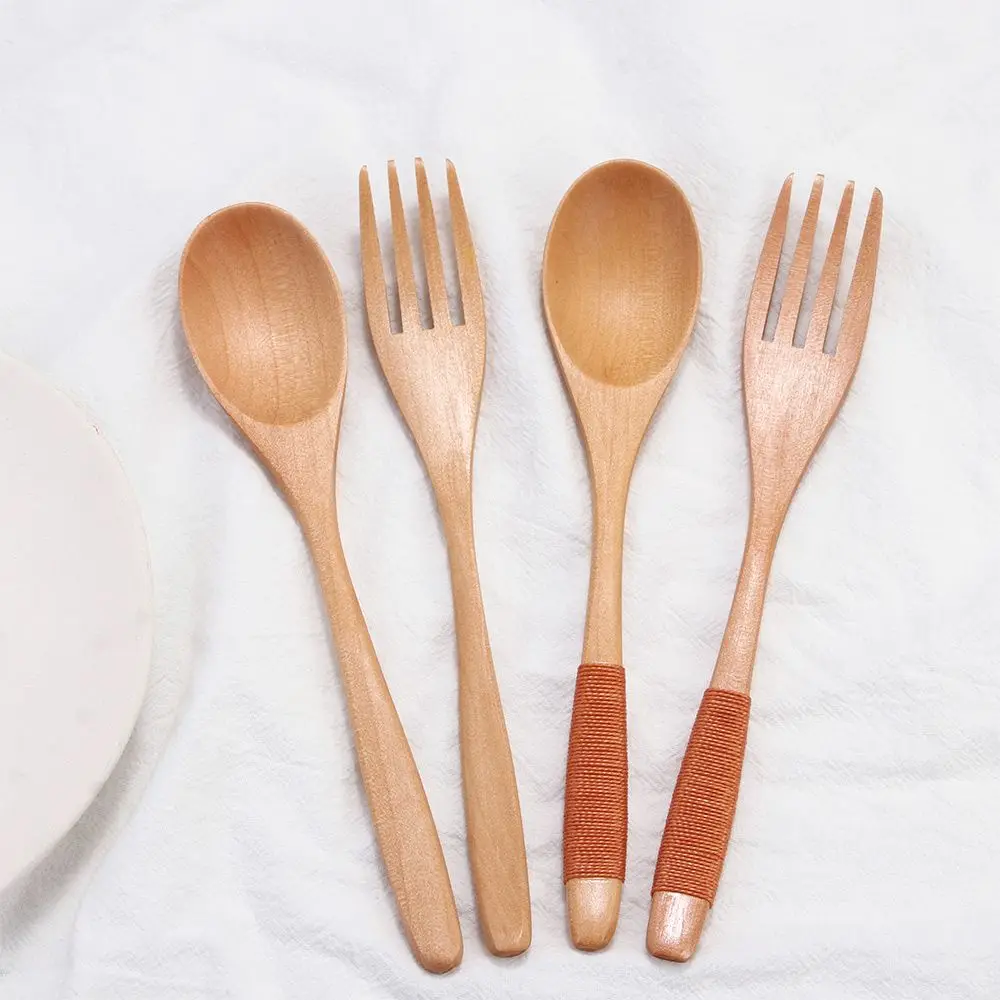 2PCS Natural Wooden Spoon & Fork Dinner Kit Rice Soups Utensil Cereal Handmade