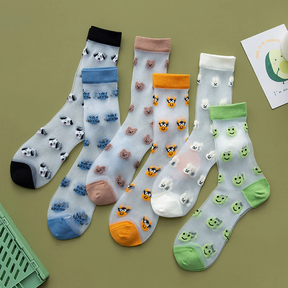 Harajuku Style Summer Thin Transparent Crystal Silk Socks Funny Animal Cat Rabbit Frog Pattern Design Personality Women Socks