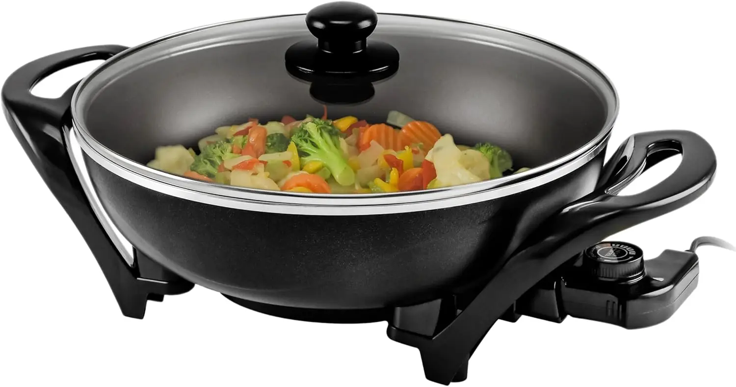 

13-Inch Electric Wok with Nonstick Coating, 1400W Power, Adjustable Temperature, Glass Lid & Cool Handles