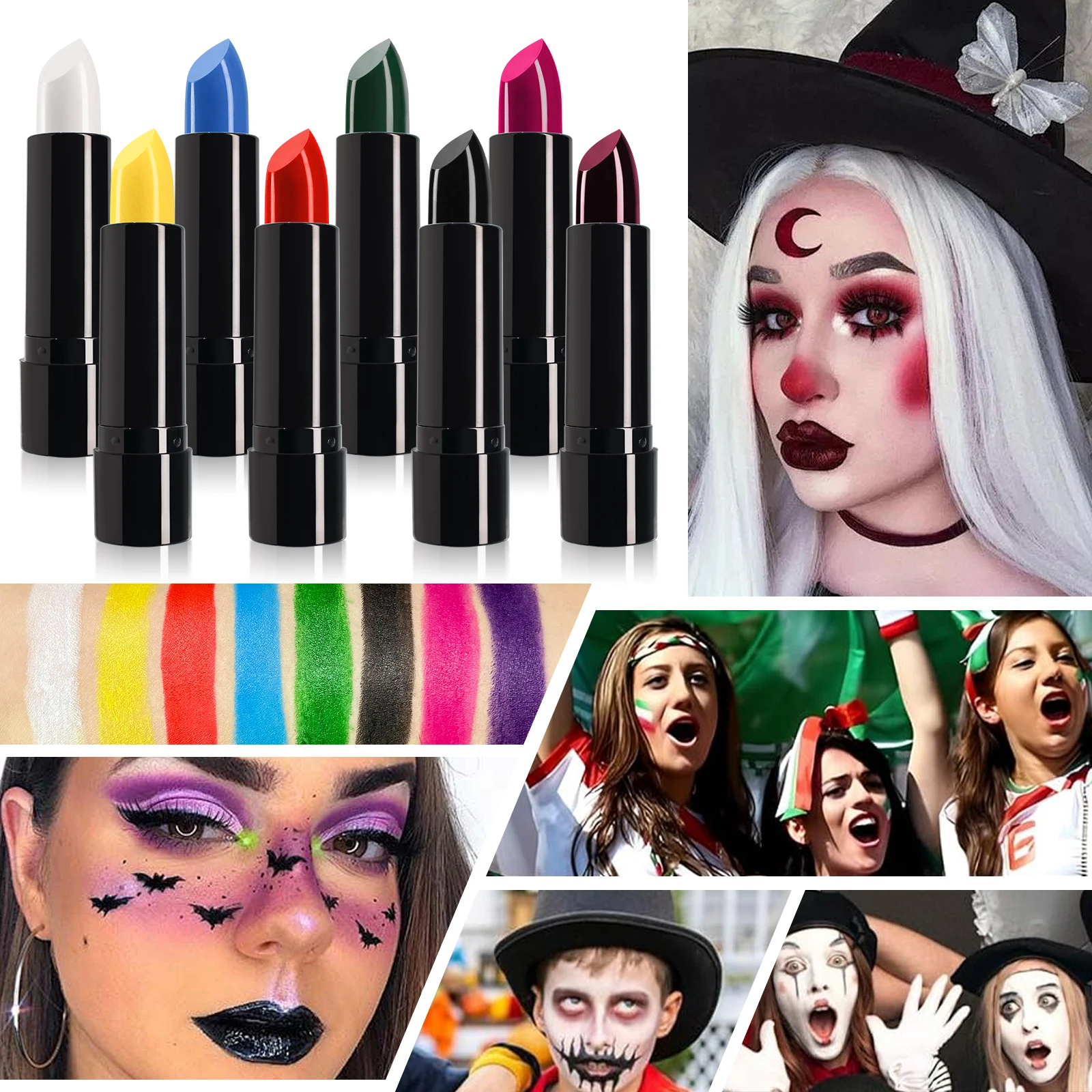 8 Colors Face Body Paint Stick, Blue White Red Flag Color Face Paint for Baseball/Football/Halloween Vampire/Clown Cosplay