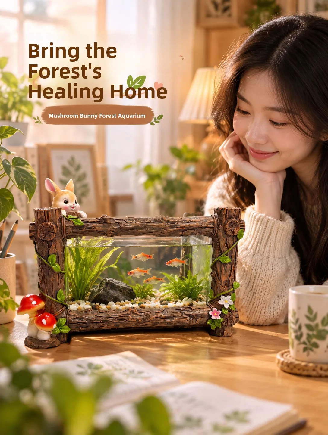 Outdoor Decorations Forest Rabbit Shape Eco-friendly Fish Tank Landscape Betta Fish Small Eco-system Rectangular French Count...