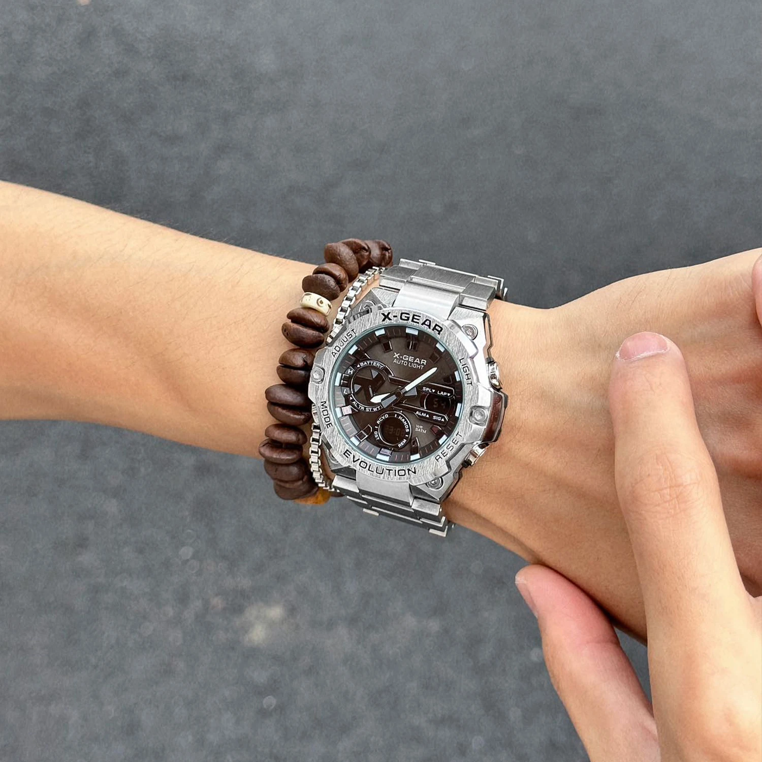 メンズソーラーエネルギー腕時計、耐久性ライト、キネティックエネルギー、タイマー、目覚まし時計、回転式風車、ステンレススチール製腕時計ストラップ