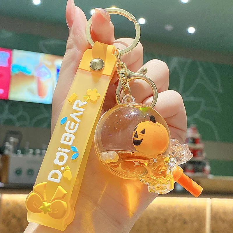 Creative Liquid Milk Tea Cup Keychain Floating Quicksand Pumpkin Lantern Key Chain Kids Girl Backpack Halloween Gifts Keyring