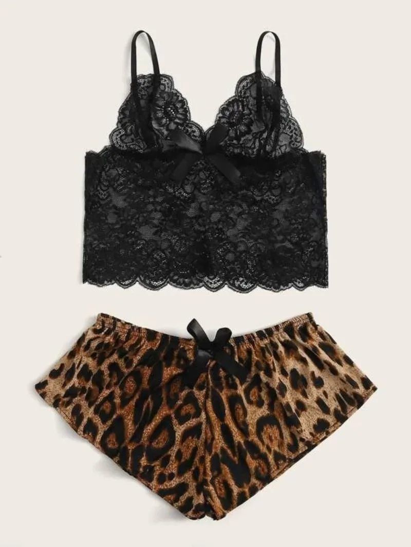 مثير بيجامة السراويل السيدات الملابس جوفاء التدريجي الرسن الأعلى ليوبارد طباعة السراويل مثير دعوى مثير ارتداءها الملابس الداخلية الكبار زي