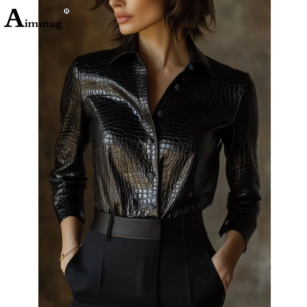

Europe Style 2025 Women Fashion Pu Leather Shirts Long Sleeve Snakeskin Print Blouse Ladies Turn-down Collar Tops blusas femmes