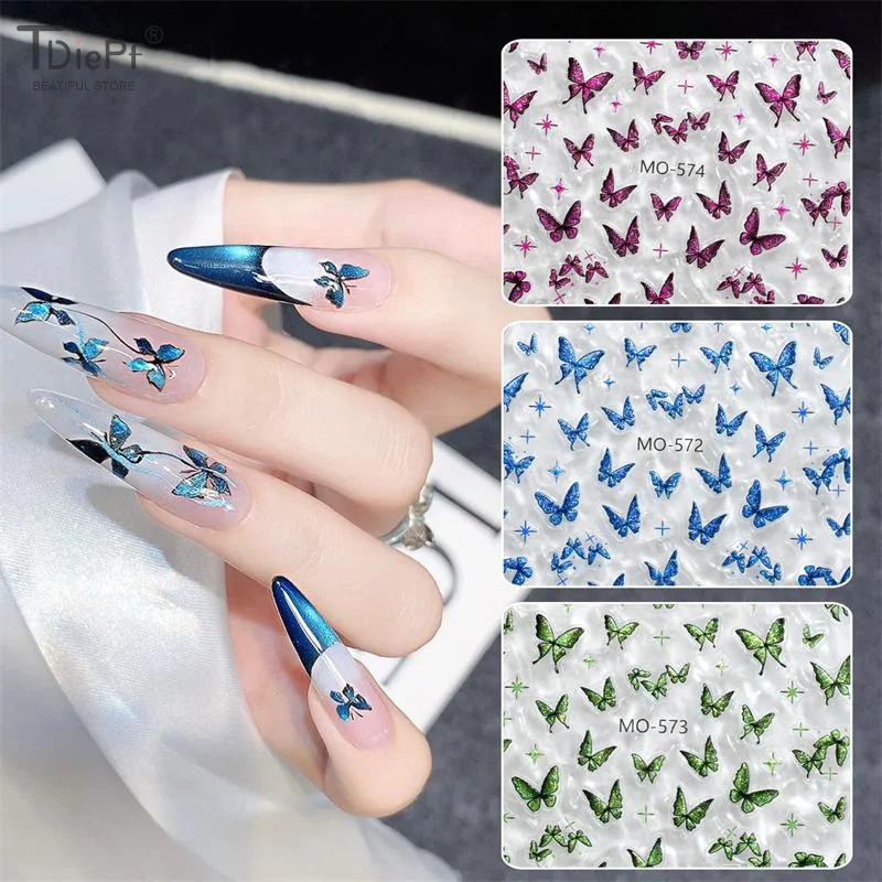 5D Luxury Glitter Blu Viola Farfalla Adesivi per nail art Adesivo autoadesivo vintage Decorazione per unghie Decalcomanie per manicure