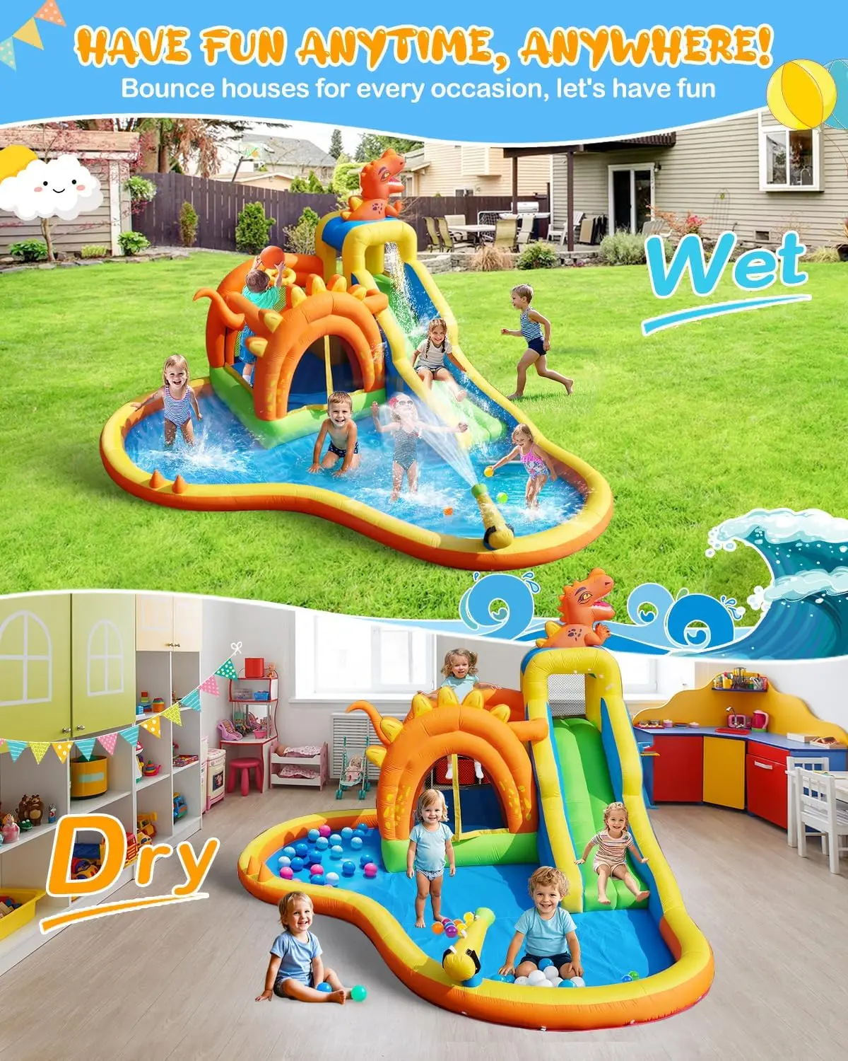Dinosaurus opblaasbaar waterglijbaanpark - 7-in-1 springhuis met glijbaan, springgebied, splashpool, klimmuur en basketbalring |