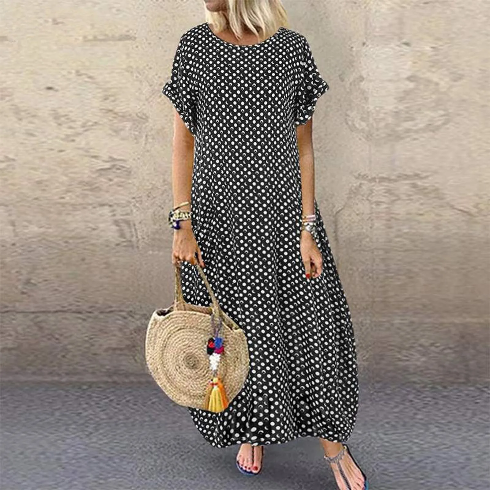 2023 Ladies Boho Loose Fit Dresses Casual Polka Dot Print Dress Round Neck Maxi Short Sleeve Womens Sundress