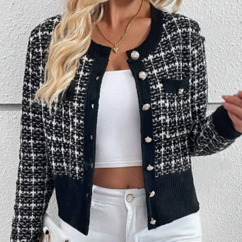 Stylish Women\'s Tweed Knit Cardigan Sweater Black and White Plaid Pattern Button Cardigan Appliqué Long Sleeve Knit Top7310#