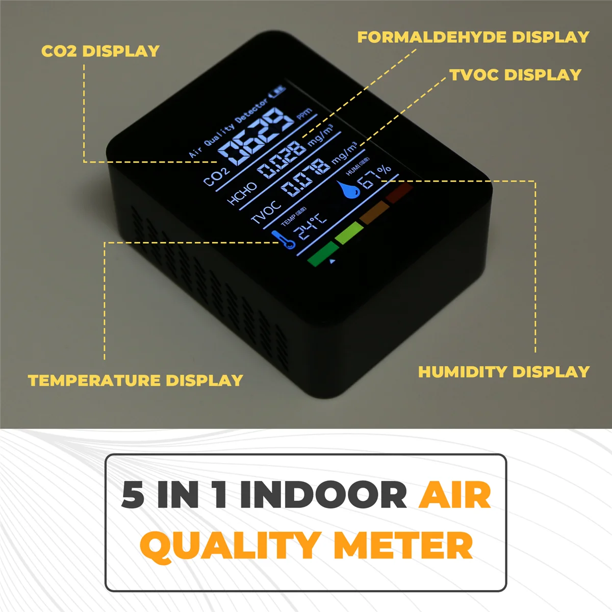 

Монитор качества воздуха 5 в 1, TVOC HCHO, измеритель температуры и влажности CO2, перезаряжаемый через USB детектор CO2, черный Vogue