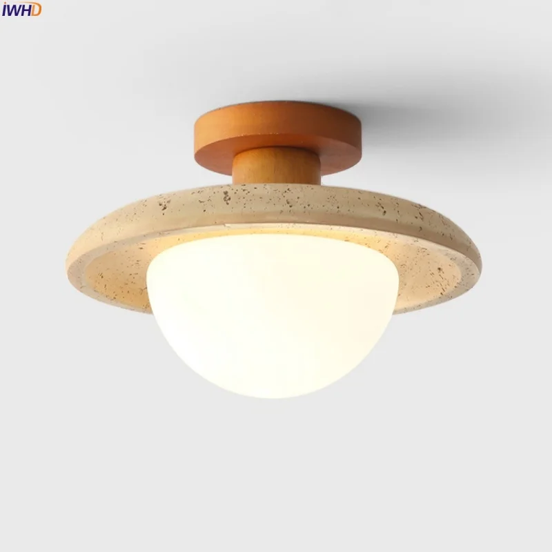 

IWHD Nordic Minimalism LED Ceiling Lights Living Room Children's Room Wood Canopy Yellow Travertine Ceiling Lamp Lamparas Techo