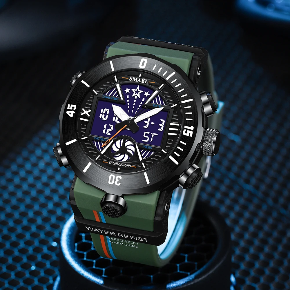 SMAEL Dual Display Watch Military Quality Mens Sports Watches Digital Alarm 8051 Military Clock Shock Led Watch Waterproof