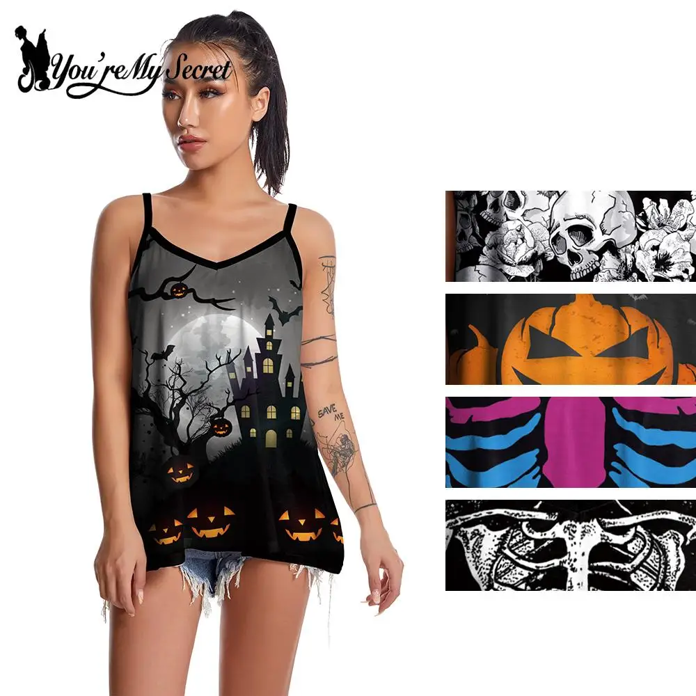 

[You're My Secret] Halloween Gothic Skeleton Print Funny Women Tank Tops Sleeveless Summer Sexy Slim Sling Camisole Vest Clothes