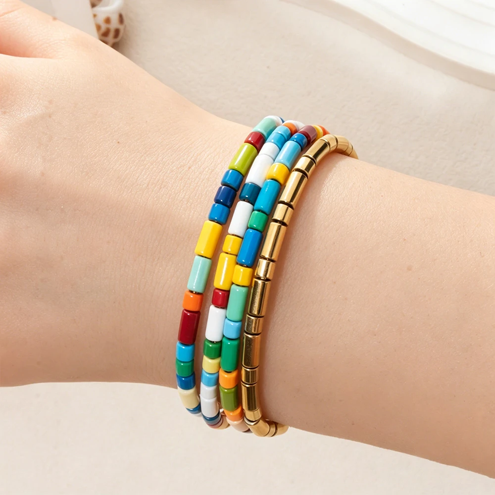 3x6mm Tube Boho Bracelets For Women Colorful Beaded Enamel Braided Rainbow Beads Bangle Accessory