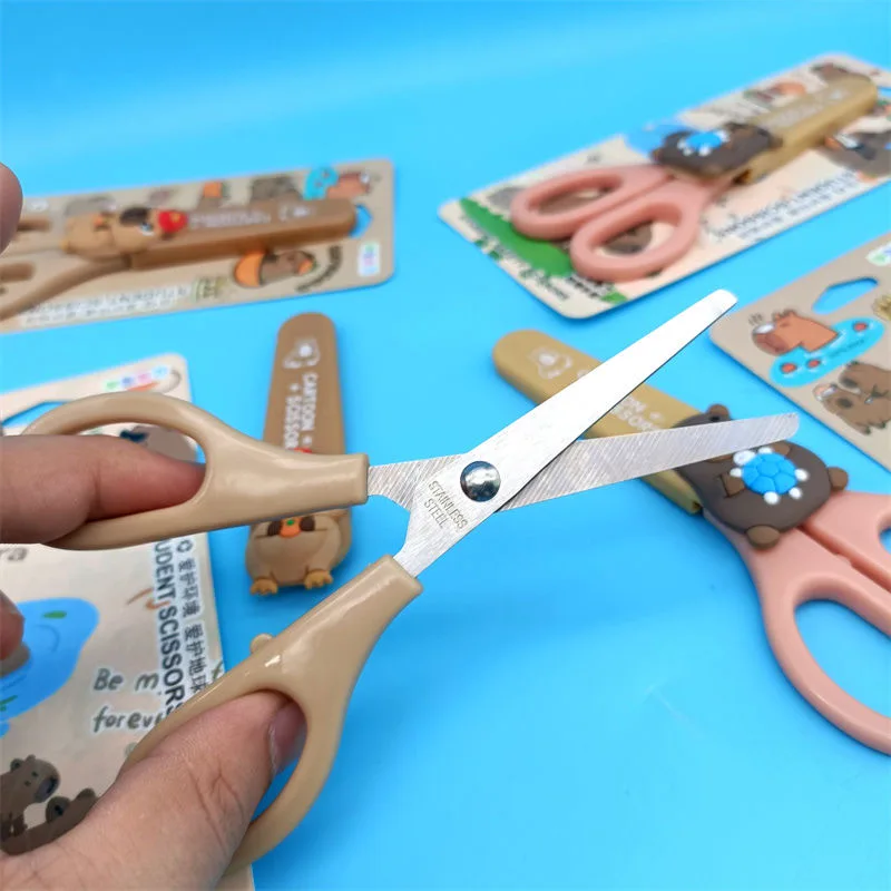 3/1 قطعة مقص القرطاسية عشوائي لطيف كابيبارا رأس مستدير آمن الة قطع الورق الفولاذ المقاوم للصدأ مقص فني مع حافظة واقية #5